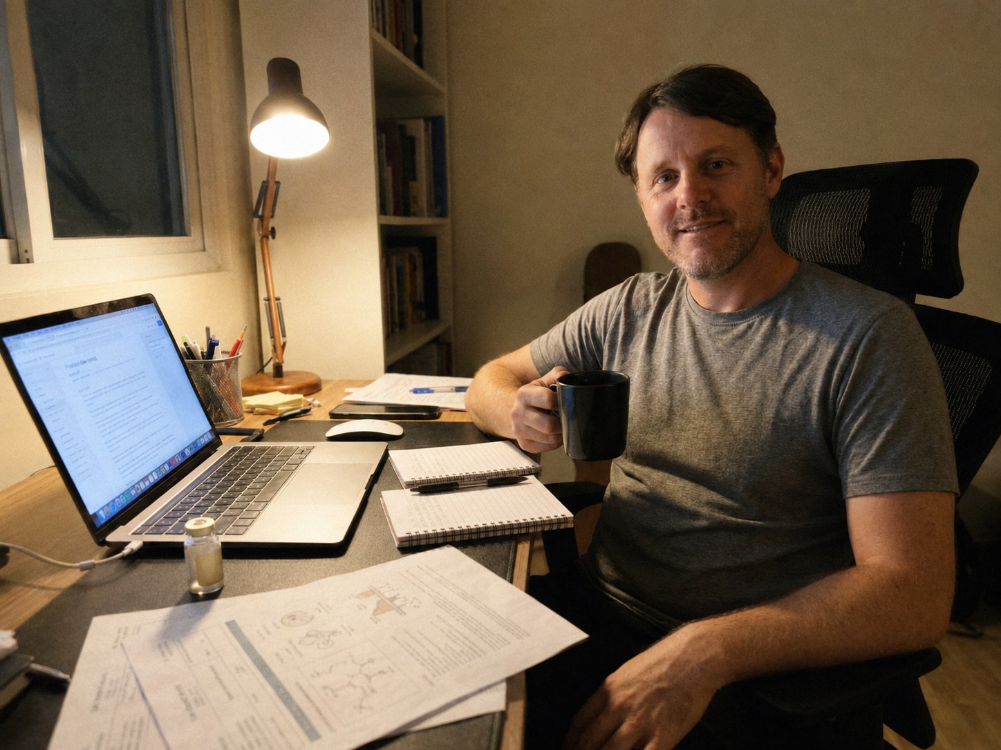 Tobias Weber working late at his desk, reviewing lab paperwork
