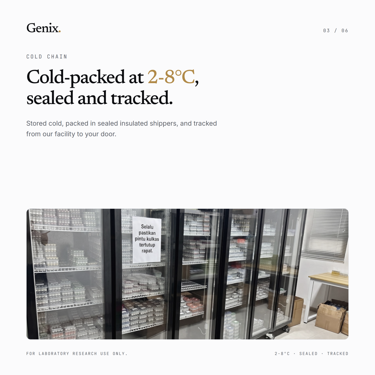 Genix info card: cold-packed at 2–8°C, sealed and tracked