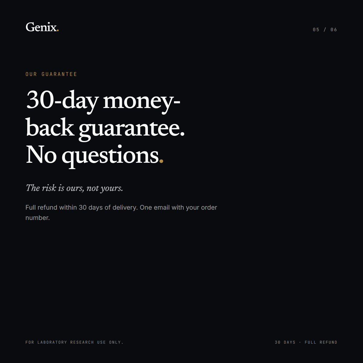 Genix info card: 30-day money-back guarantee